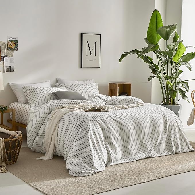 JELLYMONI Striped Duvet Cover Set - Queen Size 100% Cotton - 3PCS White & Grey Vertical Stripes Bedding - Hidden Zipper Closure & 8 Corner Ties - Breathable Comforter Cover for Bedroom