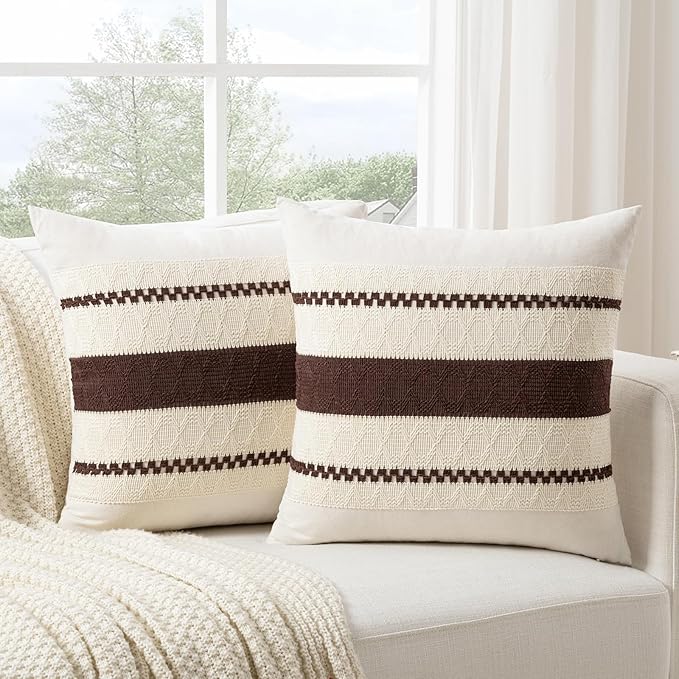 Fancy Homi Set of 2 Boho Brown Decorative Throw Pillow Cover 22x22 Inch for Couch Bed Sofa, Aesthetic Modern Organic Farmhouse Home Decor, Soft Cotton Cute Accent Macrame Woven Cushion Case