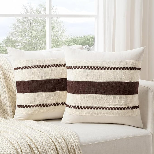 Fancy Homi Set of 2 Boho Brown Big Decorative Throw Pillow Cover 24x24 Inch for Couch Bed Bedroom, Aesthetic Modern Organic Farmhouse Room Decor, Soft Cotton Accent Macrame Woven Cushion Case