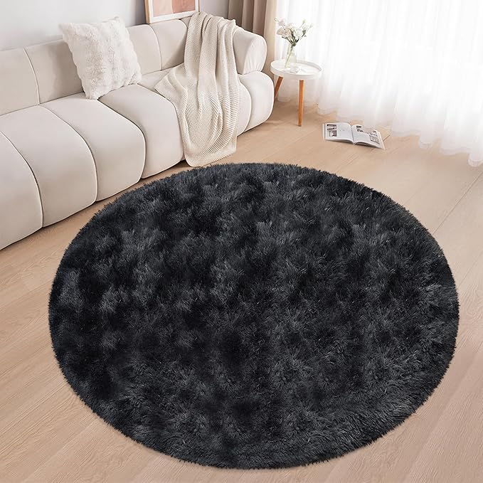 6 ft Round Fluffy Large Black Rug for bedroom,Tie Dyed Furry Round Carpet Non Slip Fuzzy Shaggy Plush Circle Big Area Rug for living room Room Nursery Room Playroom Kids Room Home Decor Washable