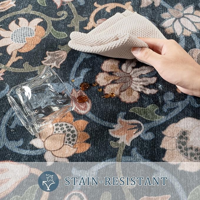 Anidaroel Floral Print Area Rug 5x7, Washable Dark Green Rugs for Living Room, Non Slip Soft Large Rugs for Bedroom, Stain Resistant Dining Room Mat Indoor Floor Carpet for Dorm