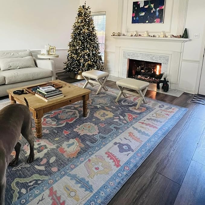 Fame Rugs Blue Modern Oushak Rug 10x13, Vintage Turkish Colorful Oriental Washable Antique Inspired Oversize Area Rugs, Luxury Living Room Bedroom (387BNB, 10' x 13')