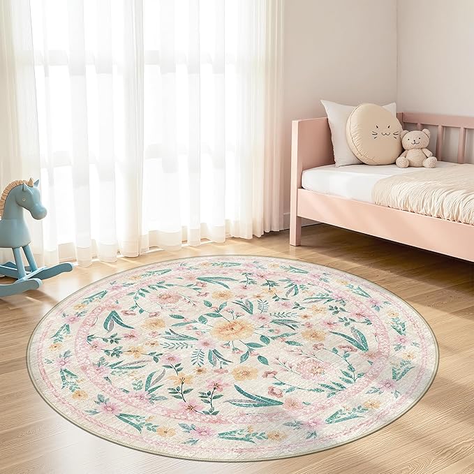 Pink Floral Round Rug 6ft, Washable Boho Circle Area Rug for Girls Bedroom or Living Room, Soft Non-Slip Botanical Carpet for Nursery or Kids Room, French Flower Design Home Décor Rug