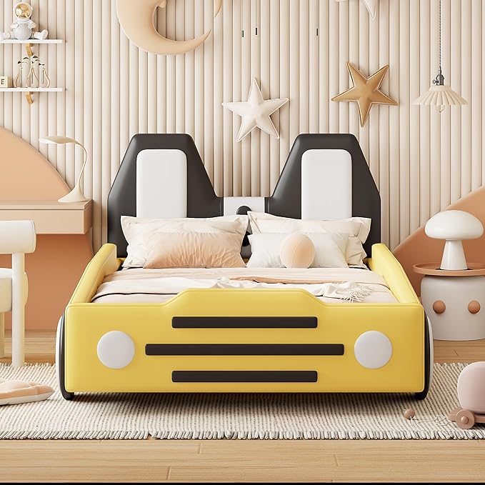 Twin Size Car Bed for Boys,Race Car-Shaped Wooden Platform Bedframe with Wheels & Rails on Both Sides,Slats Support,Fun Play for Kids Toddlers Kid's Bedroom,Yellow PU