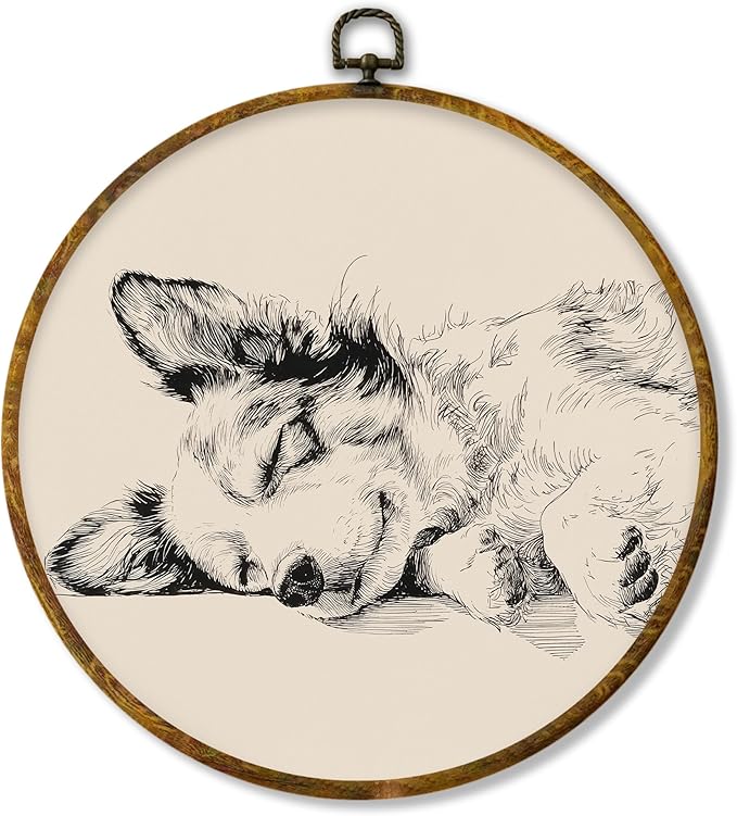 Hiuwevt Vintage Corgi Sleeping Round Wall Art Decor, Corgi Lovers Gifts Framed Canvas Prints, Neutral Sketch Dog Round Wall Hanging Decor for Home Bedroom Living Room Decorations, 10x10 Inches