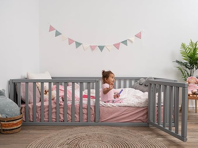 BUSY WOOD Montessori Floor Bed - Wooden Bedframe - Small, Twin, Full, Queen, King Size Sleeping Place- Toddler Bed Frame - Montessori Bed with Rails (Model 6.2)