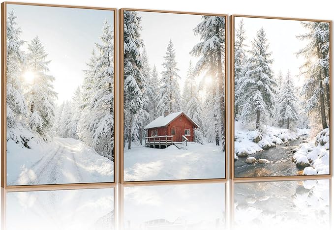 FWIEXA Christmas Winter Canvas Wall Art Set 3, Red Barn Snowy Forest Framed Prints, Farmhouse Cabin Pine Tree Paintings, 16x24In Country Stream Landscape Artwork for Holiday,Gift,Living Room,Bedroom