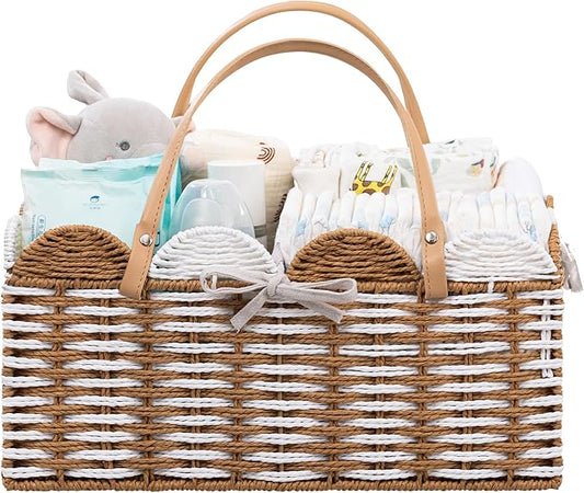 HBlife Baby Diaper Caddy, Paper Rope Storage Baskets Nursery Bin with Removable Divider, Portable Car Organizer for Diapers, Baby Shower Gifts, Newborn Essentials Must Haves
