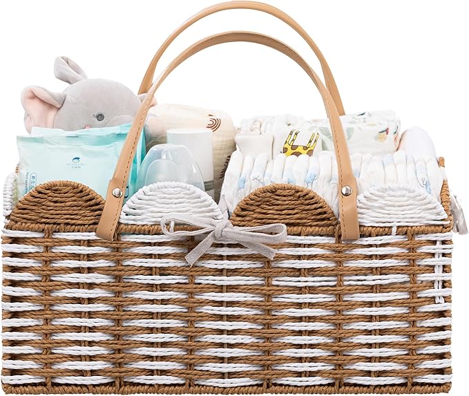 HBlife Large Baby Diaper Caddy, Paper Rope Storage Baskets Nursery Bin with Removable Divider, Portable Car Organizer for Diapers, Baby Shower Gifts, Newborn Essentials Must Haves