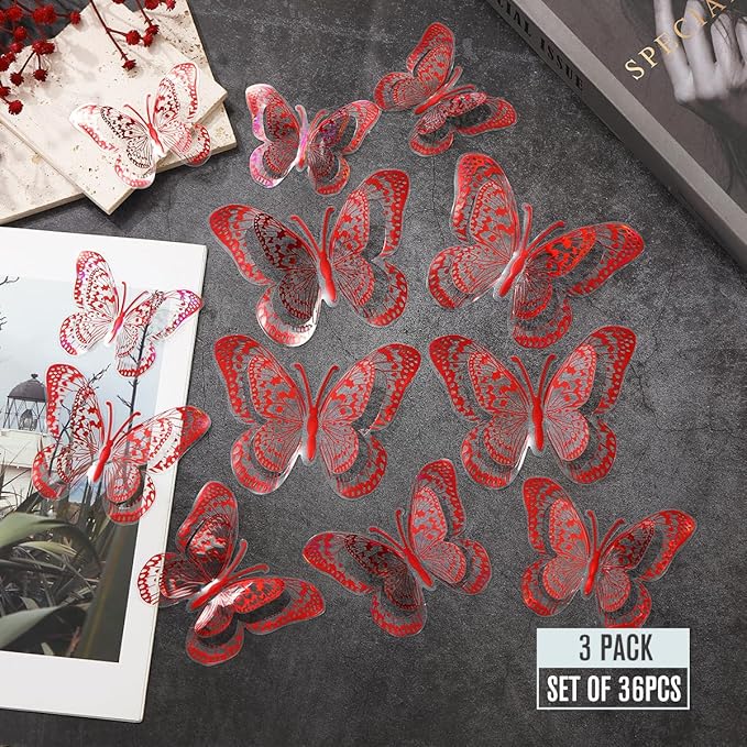 36PCS Butterfly Wall Decals - Red Butterfly Stickers Mural Wall Decor Home Decor Kids Room Bedroom Decor Living Room Decor, Removable Reusable Stickers