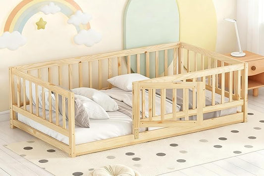 Twin Size Montessori Floor Bed with Rails & Door - 77" x 41.5"x 21.5" Wooden Low Profile Toddler Bed Frame, Natural Oak Finish