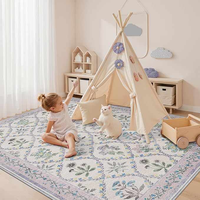 Purple 8X10 Rugs for Living Room, 8x10 Floral Washable Area Rug Non Slip, Soft Boho Indoor Decor Elegant Carpet for Bedroom Kids Room Nursery Dining Room, Purple Grey