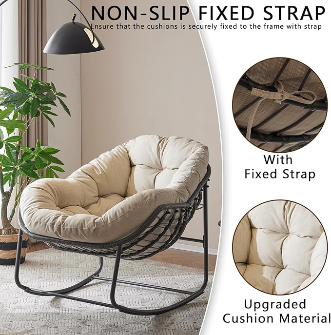 Oversized Outdoor Papasan Rocking Chair with Soft Cushion, Comfy Patio Egg Chair, Wicker Lounge Rocker for Balcony/Porch/Garden, Reinforced All Weather Rattan Frame, 330 lbs Support, Beige