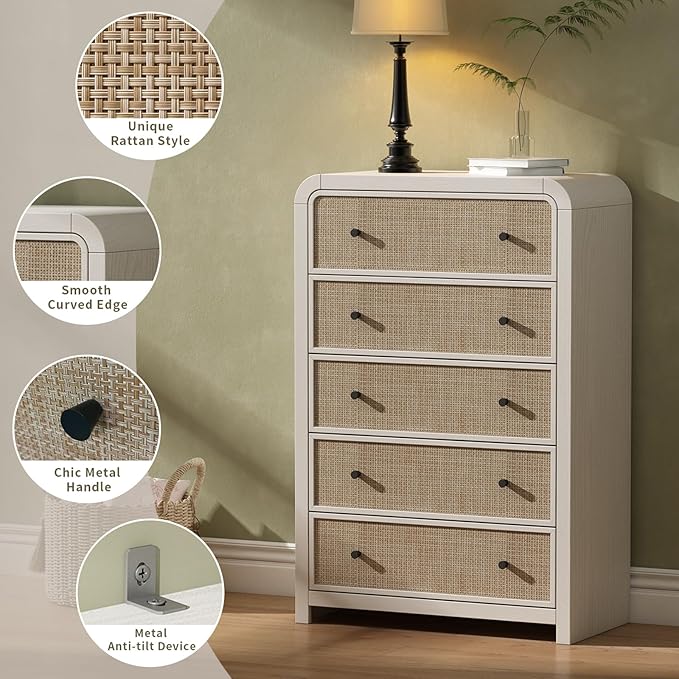 Oak&Sparrow 5 Drawer Tall Dresser for Bedroom, 47'' Rattan Dresser with Ample Storage, Boho Chest of Drawers, Thickened Curved Profile Design, Oak Dressers for Bedroom, Living Room