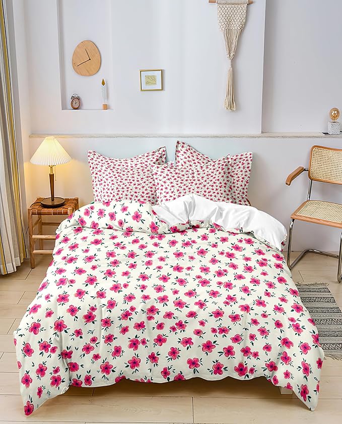 Pink Floral Duvet Cover King Size Garden Bedding Sets Kids Girls White Comforter Aesthetic Botanical Vintage Flower Print with Zipper Ties, King (102''x90'')