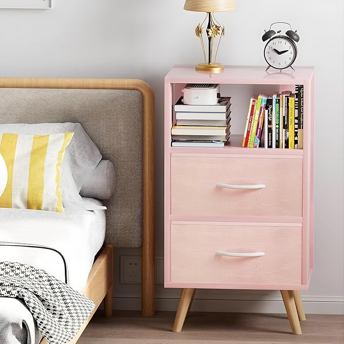 Night Stand, Pink Kids Nightstand with 2 Fabric Drawers, Nursery Side Table with Open Storage, 3-Tier Modern End Table, Bedside Table for Small Space, Living Room, Bedroom