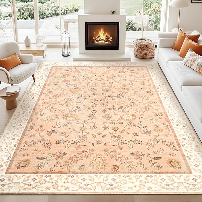 8x10 Rugs for Living Room, Orange Washable Floral Area Rug for Bedroom, Soft Non Slip Indoor Low Pile Carpet for Kitchen Dining Room, Large Boho Throw Carpets for Kids Nursery Office Dorm Home Decor