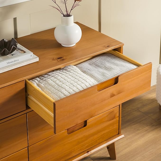 Walker Edison Sloane 6-Drawer Groove Handle Solid Wood Dresser, 52 Inch, Caramel