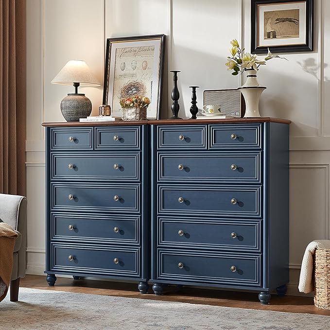 Farmhouse 6 Drawer Dresser, Blue Chest of Drawers, 43.5" Tall Dressers for Bedroom with Roman Column and Metal Handles, Rustic Wood Storage Organizer for Living Room, Hallway, Closet