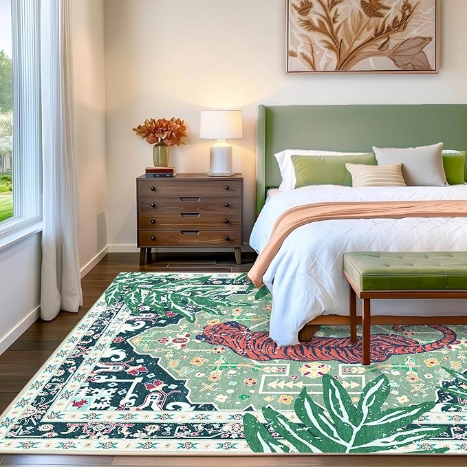 6x9 Washable Non-Slip Green Tiger Rug for Living Room Bedroom Dining Room Neutral Vintage Tropical Animal Cheetah Print Jungle Rug Soft Cozy Woodland Large Carpet for Boys Room Playroom