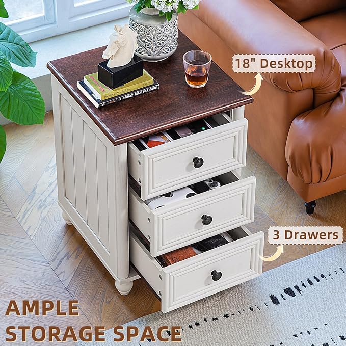 18" Farmhouse Night Stand, White Wood Nightstand with 3 Drawers, Bedside End Table with Storage and Roman Column, Bed Side Tables Cabinet for Bedroom, Living Room, and Closet