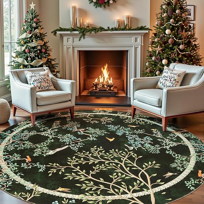 jinchan Yarden Christmas Round Rugs 8ft Moss Green Botanical Birds Print,Machine Washable 8' Circle Nature Plants Modern Soft Non-Slip Kids Throw Area Rugs, Low Pile Carpet for Living Room Bedroom