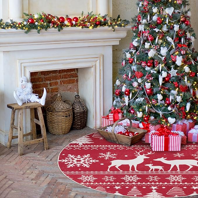 6' Machine Washable Christmas Round Area Rug, Non-Slip Vintage Floral Circle Floor Rugs for Kids, Low Pile Room Carpet for Living Room, Bedroom, Dining Room & Nursery(6' Elk)