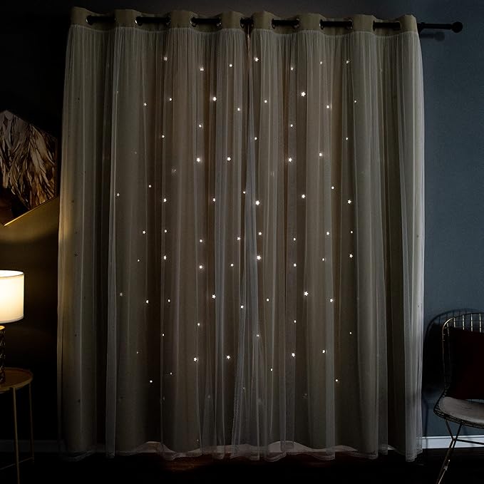 Kinryb Kids Blackout Curtains for Bedroom/Living Room/Classroom, Sheer Overlay 72 Inches 2 Panel Set, Double Layer Curtains with Star Cutout for Kids Room(W 52 x L 72 Inches,Beige 2 Pcs)
