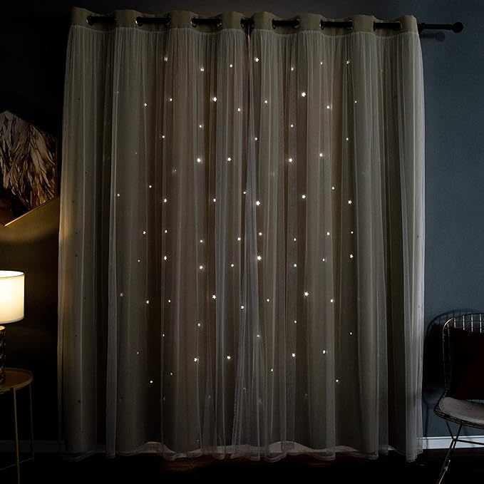 Kinryb Blackout Curtains for Girl Bedroom/Living Room/Classroom, Sheer Overlay 63 Inches 2 Panel Set, Double Layer Curtains with Star Cutout for Kids Room(W 52 x L 63 Inches,Beige 2 Pcs)