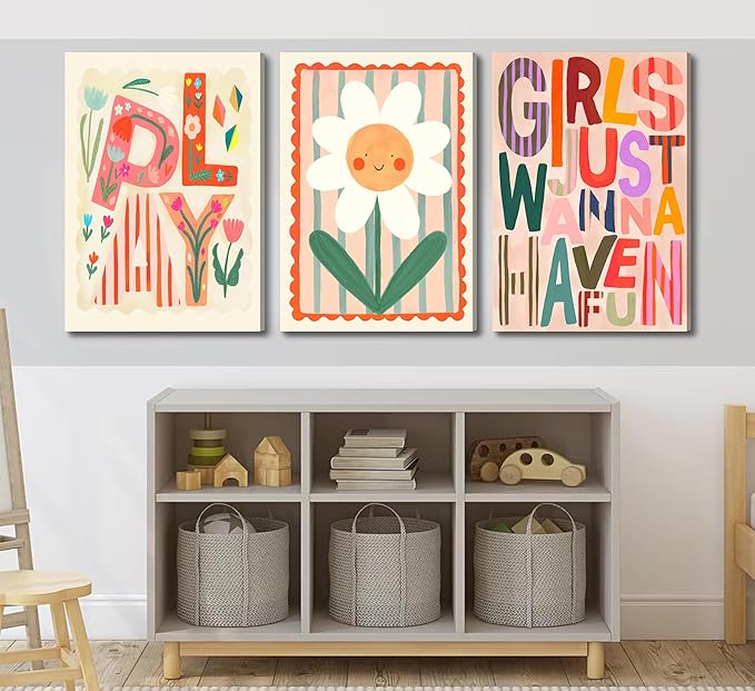 Boho Floral Sun Nursery Wall Art Girls Just Wanna Have Fun Positivity Affirmation Rainbow Print Playroom Classroom Counseling Office wall decor Play Poster for Kids Bedroom, 12x16 Inch, Set of 3