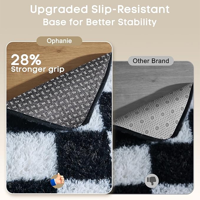 Ophanie Checkered Black & White Rug for Living Room Bedroom, Fluffy Soft Cute Fuzzy Area Rugs, Shag Plush Shaggy Bedside Floor 4x6 Furry Carpet for Kids Baby Teen Dorm Nursery Home Decor Aesthetic