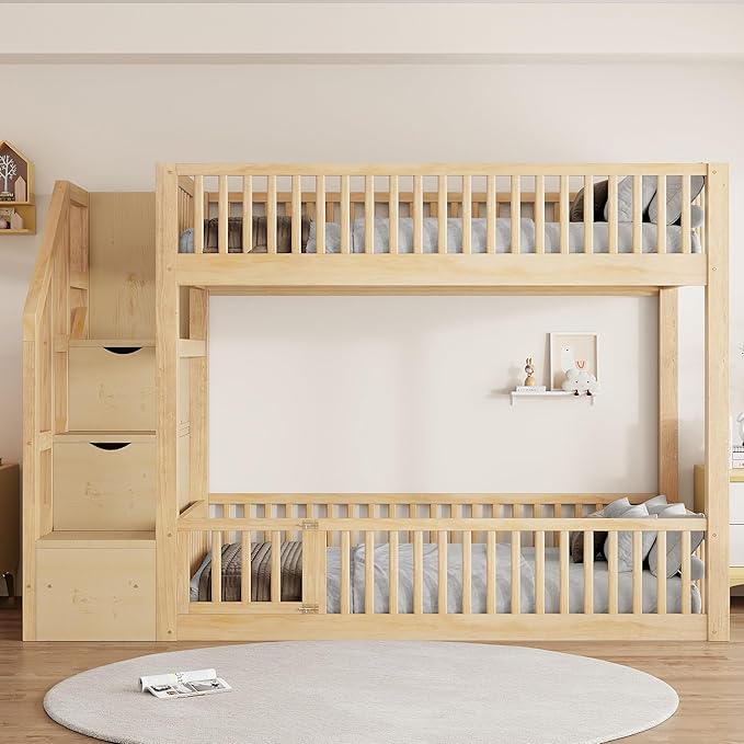 Twin Over Twin Floor Bunk Bed with Storage Staircase, Solid Wood Bunk Bed Frame with Full Length Fence-Shaped Guardrails for Kids Teens Adult Bedroom, Space Saving Design (Natural-Twin/Twin)