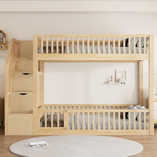 Twin Over Twin Floor Bunk Bed with Storage Staircase, Solid Wood Bunk Bed Frame with Full Length Fence-Shaped Guardrails for Kids Teens Adult Bedroom, Space Saving Design (Natural-Twin/Twin)