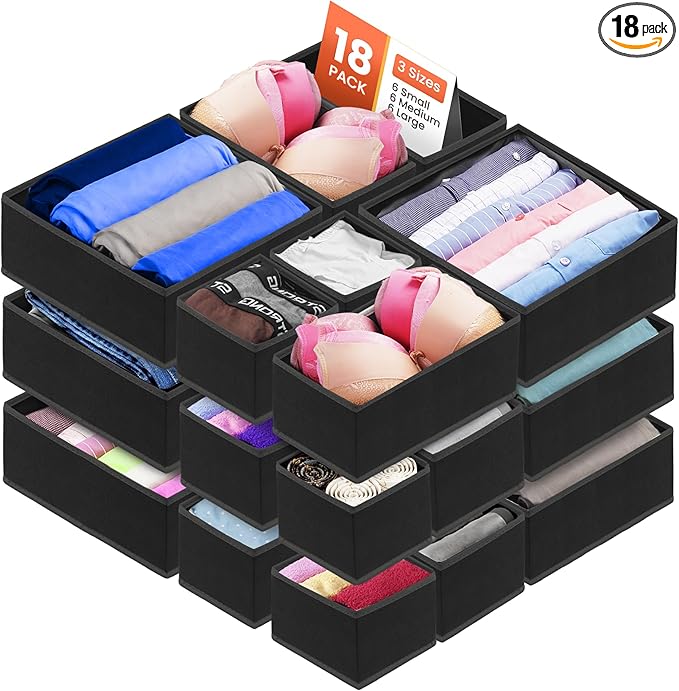 RFAQK 18 Pack Drawer Organizer Clothes-3 Sizes (L, M, S) Baby Dresser Organizer for Storage Closet-Foldable Fabric Baby Clothes Organizer for Bedroom, Bins, Bra, Socks, Belt, Tie-Black