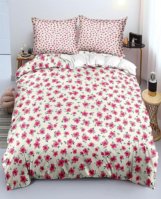 Pink Floral Duvet Cover Queen Size Garden Bedding Sets Kids Girls White Comforter Aesthetic Botanical Vintage Flower Print with Zipper Ties, Queen (90''x90'')