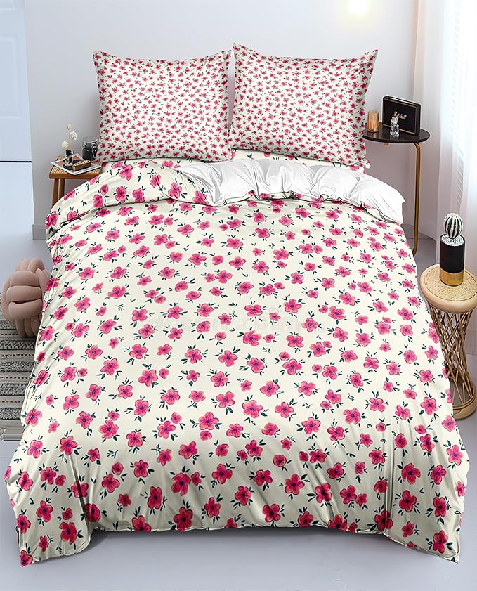 Pink Floral Duvet Cover King Size Garden Bedding Sets Kids Girls White Comforter Aesthetic Botanical Vintage Flower Print with Zipper Ties, King (102''x90'')