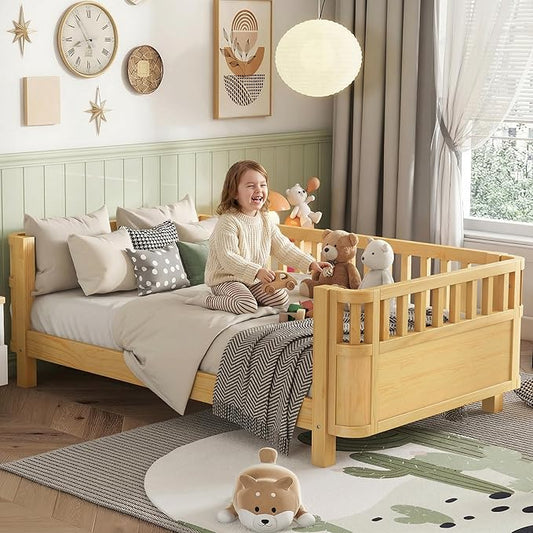 Twin Bed Frames Kids with Rails, Wood Montessori Twin Bed with Slats Support, Modern Low to Ground with Removable Bed Rails for Girls Boys Bedroom Living Room, Natural