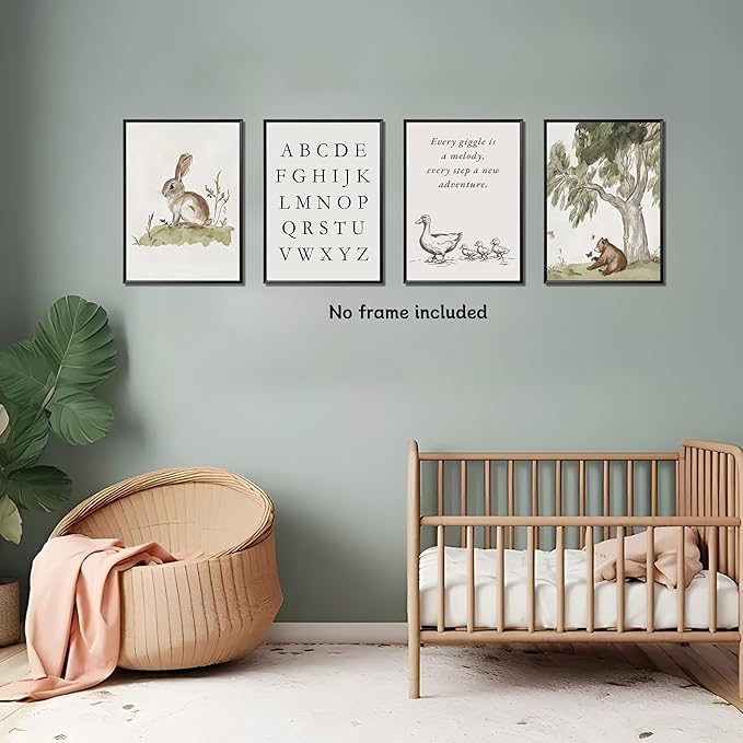 Nursery Gallery Wall Art Animal Canvas Prints Vintage Rustic Poster Set for Kids’ Room Decor Alphabet Inspirational Quotes Wall Art Neutral Baby Room Painting Unframed 8x10 Inches