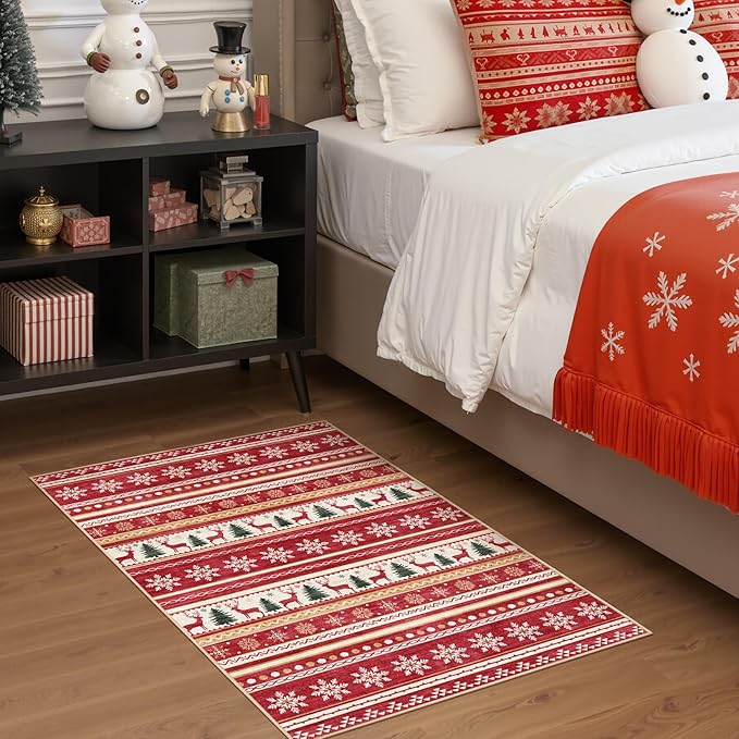 Area Rugs for Living Room Washable Living Room Rug Soft Neutral Indoor Floor Carpet Non-Slip Stain Resistant Modern Boho Rugs for Bedroom Dining Room Kids Room Nursery Office Home Red Green