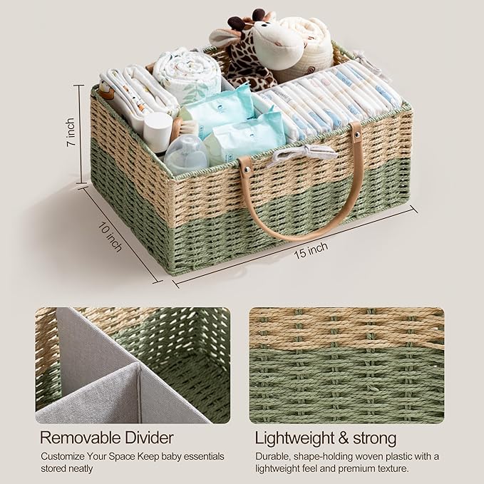 HBlife Large Diaper Caddy Organizer, Portable Paper Rope Woven Basket with Divider, Nursery Diaper Station Organizer, Baby Shower Gifts Basket & Car Organizer, Newborn Essentials