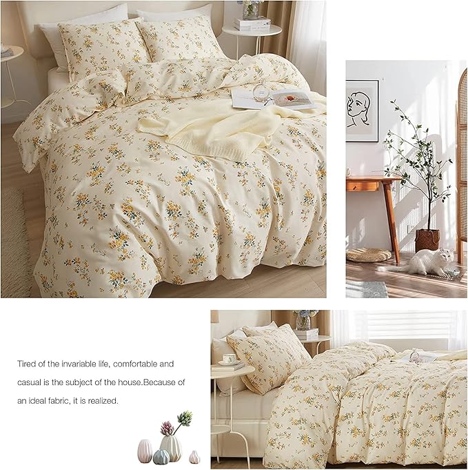 HighBuy 3 Pieces Duvet Covers Twin Size Cute Yellow Floral Duvet Cover Set,Ultra Soft Cotton Bedding Set Botanical Printed Soft Aesthetic Bed Cover with Zipper Closure 4 Ties All Season