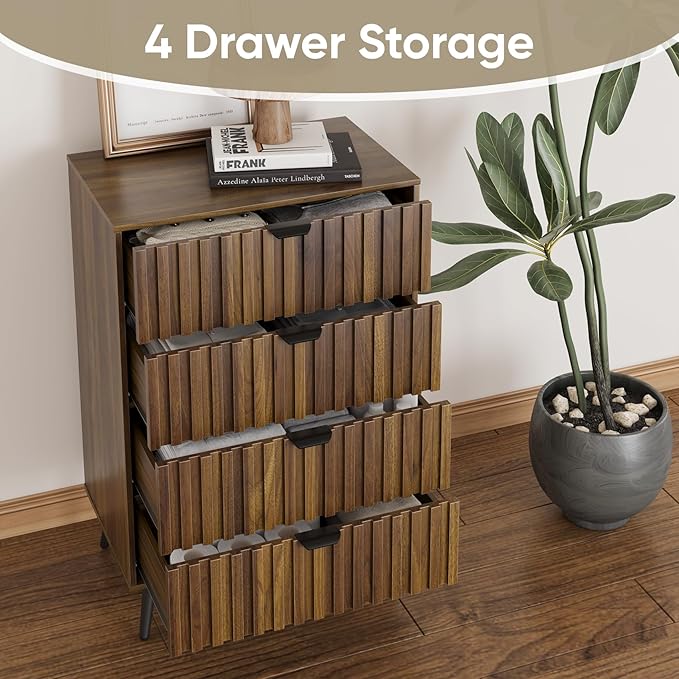 4 Drawer Dresser for Bedroom, Tall Fluted Dresser with Metal Feet, Wooden Storage Organizer Cabinet Chest of Drawer for Closet, Living Room, Hallway,Walnut