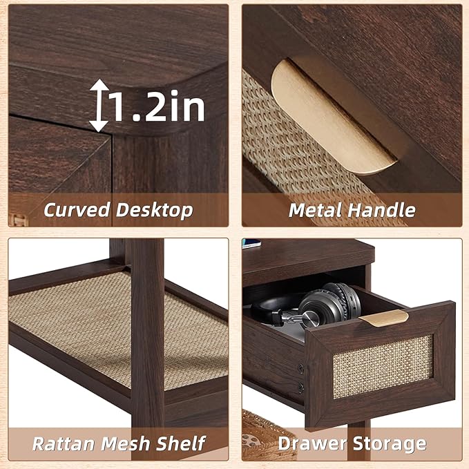 Lerliuo Narrow Night Stand Set of 2 with Charging Station, Boho Nightstand with Drawer, Bed Side End Table with Rattan Shelf for Small Spaces, Wood Nightstands Bedside Tables for Living Room Bedroom