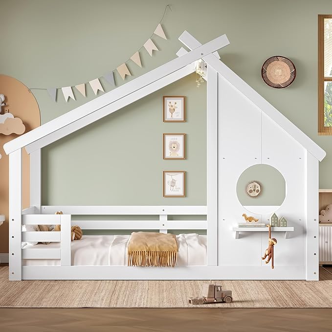 Polibi Twin Size House Floor Bed with Window and a Small Shelf, Solid Wood Low Profile Floor Bed for Kids, No Box Spring Needed, White