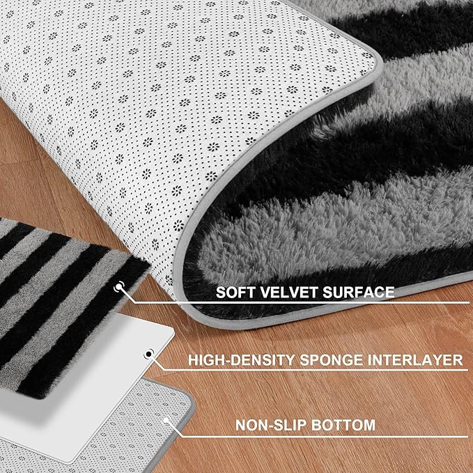 Meralax Area Rugs for Living Room Bedroom, Machine Washable 5x8 Feet Soft Fluffy Shaggy Rug, Grey and Black Stripe Indoor Floor Carpet for Boys, Dorms, Nursery Rooms, Home Decor Aesthetic