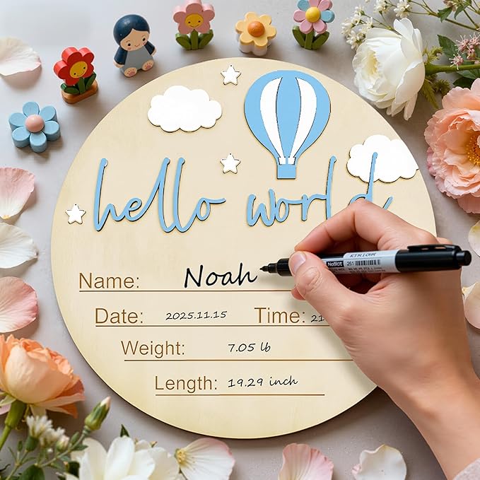 Baby Announcement Sign with Pen, 5.9 Inch Wooden Hello World Newborn Sign for Hospital, 3D Birth Announcement Board, Welcome Baby Name Signs for Nursery, Newborn Boy & Girl,Blue Balloon