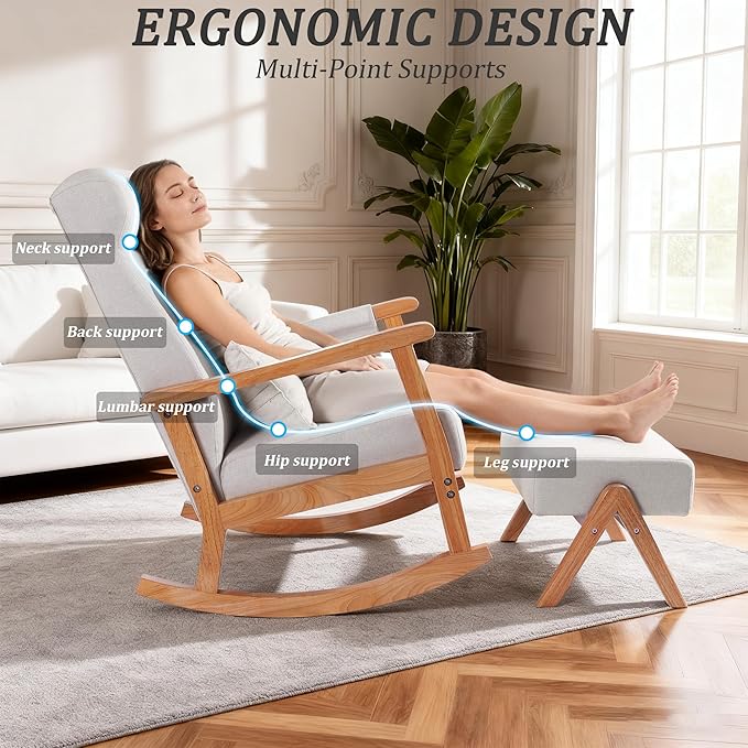 NOBLEMOOD Rocking Chair with Ottoman, Upholstered Nursing Glider Rocker with Side Pocket & Pillow, Comfy High Back Reading Chair with Solid Wood Legs for Nursery/Living Room/Bedroom