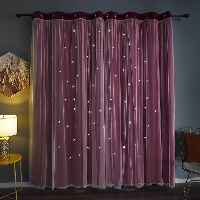 Kinryb Kids Blackout Curtains for Bedroom/Living Room/Classroom, Sheer Overlay 2 Free Tiebacks, Double Layer Curtains with Star Cutout for Kids Room(Each Piece W 70 x L 63 Inches 2 Pcs Red)