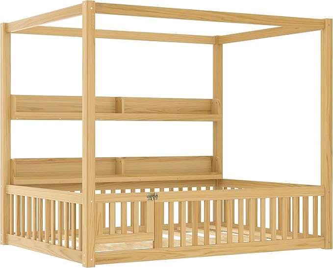 Bellemave Toddlers Full Size Canopy Bed with Fence and Door, Floor Bed with Storage Shelves and 4 Poster Design,Wood Montessori Bed Frame for Kids, Boys,Girls,Space Saving,Easy Assemble（Full,Natural）