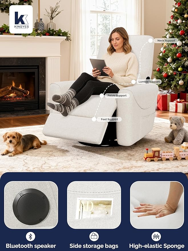 KINGYES Nursery Rocking Chair, Glider Rocking Chair for Nursery, 270° Swivel Glider, Bluetooth Speaker & USB-C Port, Fabric Nursery Recliner Sofa, Cream
